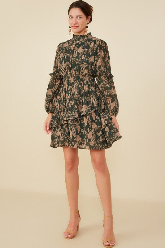 Womens Textured Antique Floral Ruffle Detail Dress