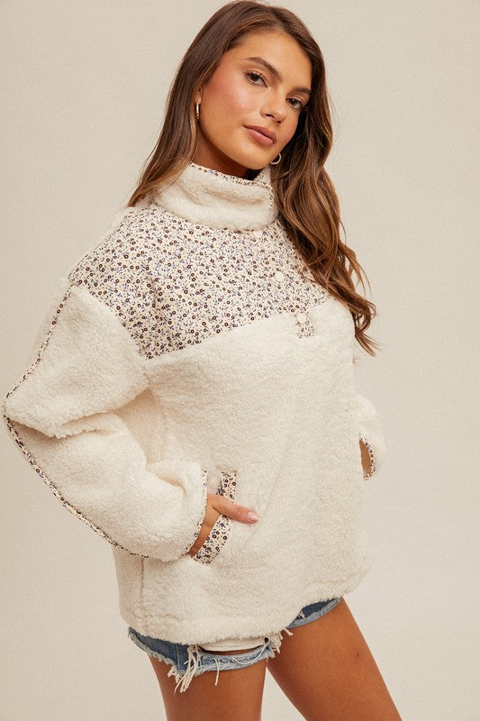 FLORAL PRINT CONTRAST FLEECE PULLOVER