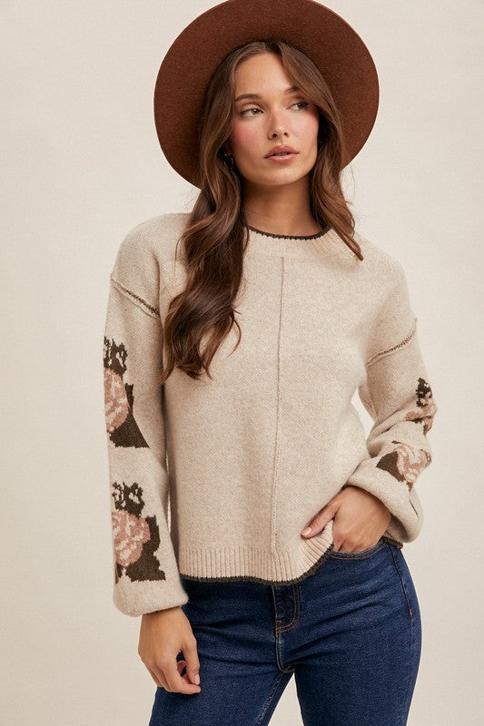 FLORAL DETAIL SLEEVE MOCK NECK SWEATER