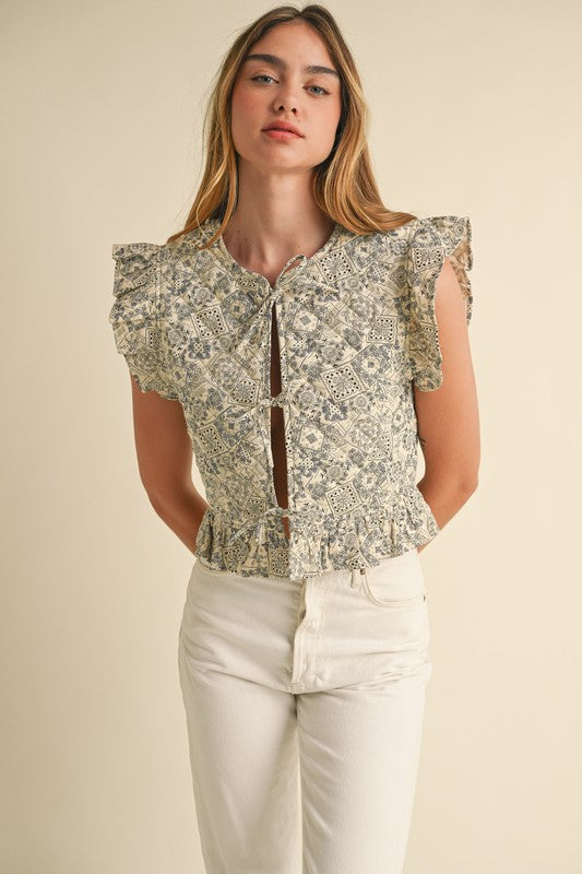 QUILTED BANDANA PRINT VEST WITH RUFFLE SLEEVE