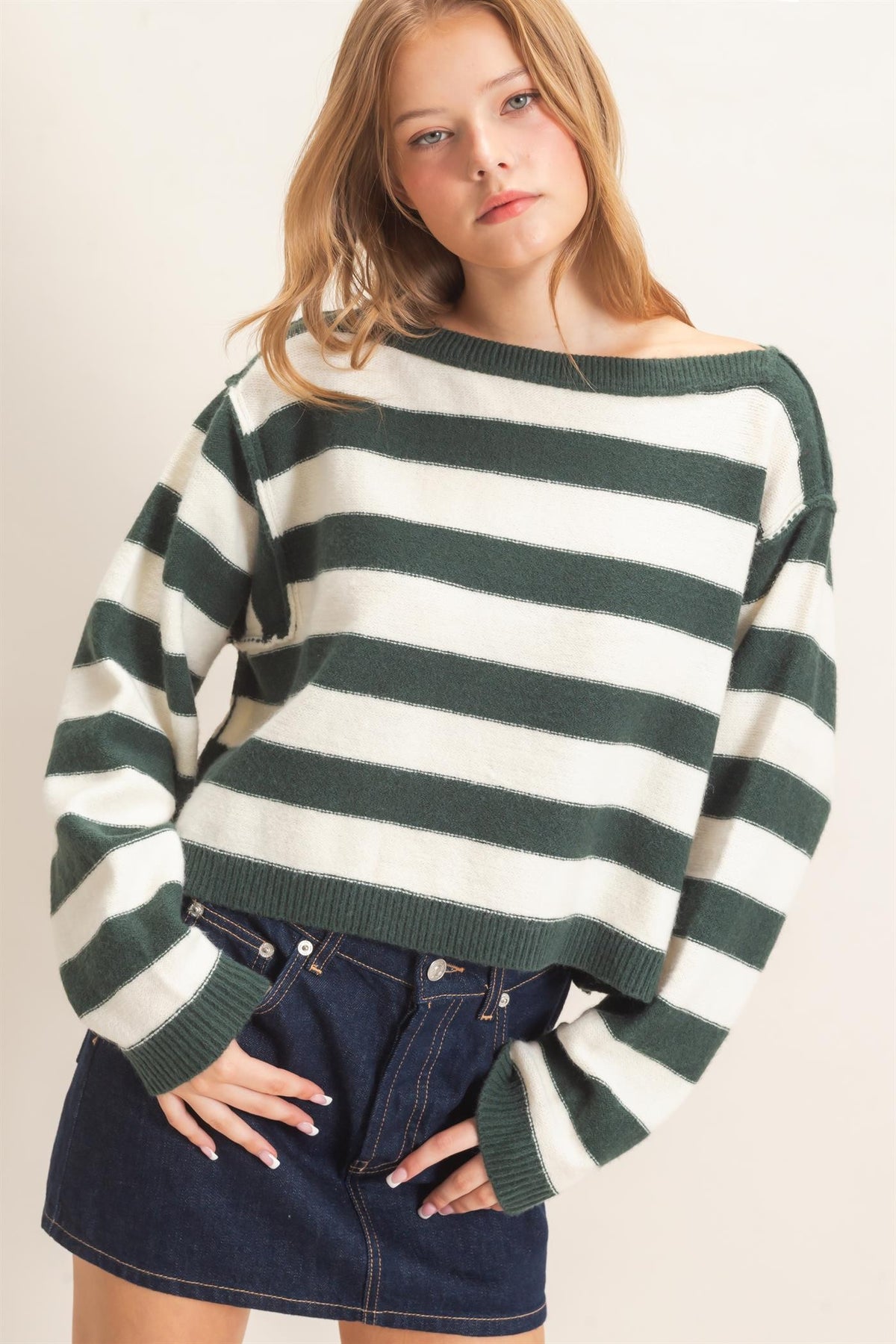 Striped Boat Neck Knit Sweater