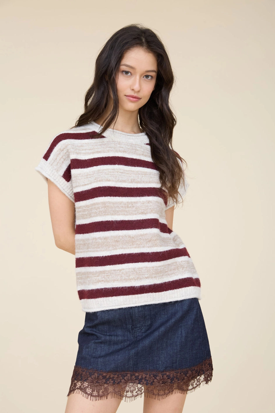 Marled Stripe Short Sleeve Raw Edge Knit Sweater