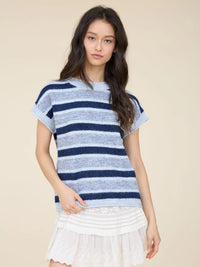 Marled Stripe Short Sleeve Raw Edge Knit Sweater