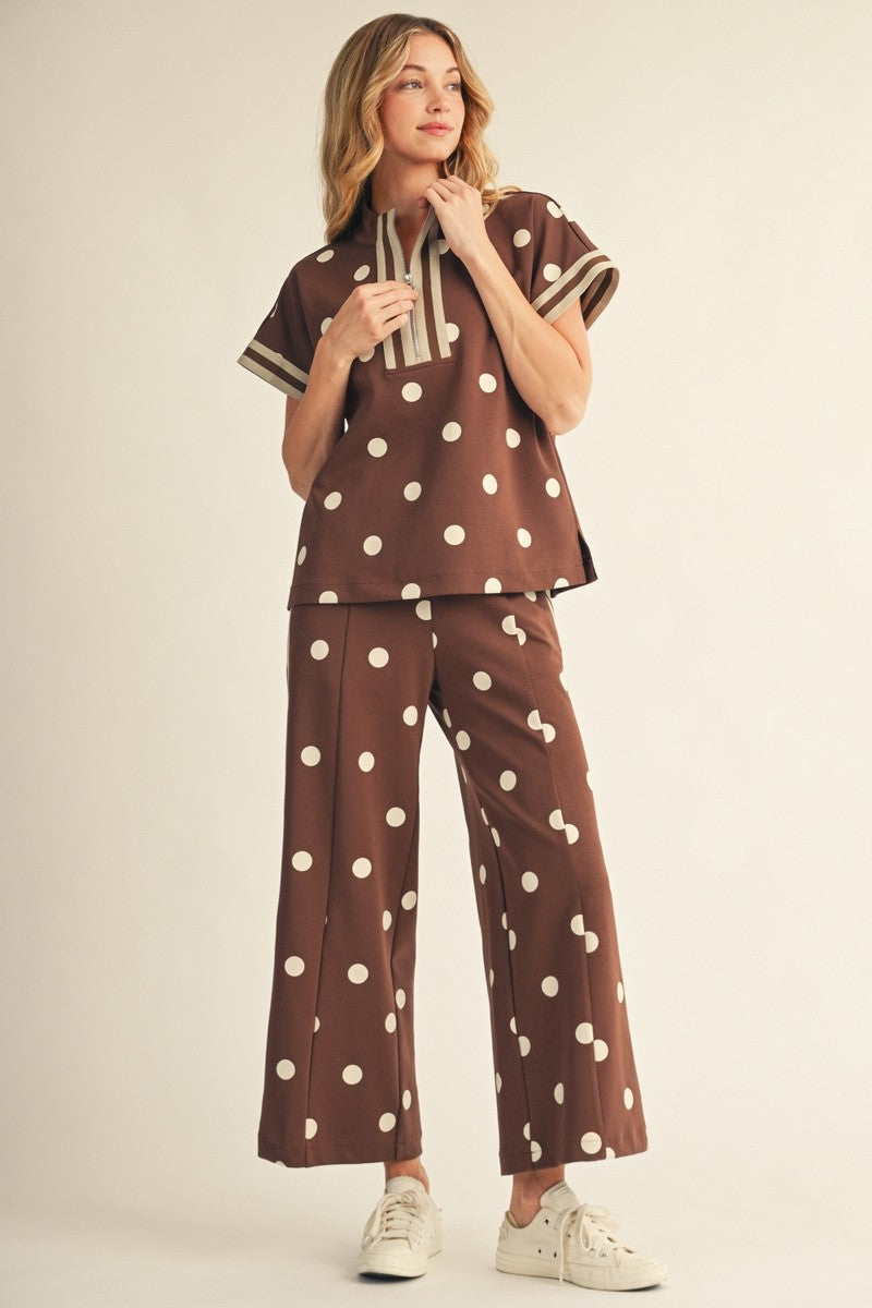 Front Zip Up Polka Dot Casual Pant Set