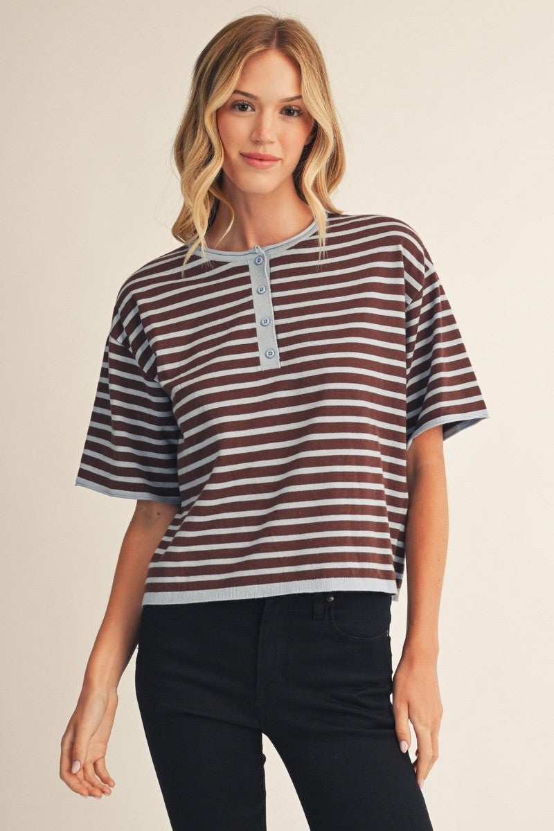 Short sleeves front button up stripe lightweight sweater top