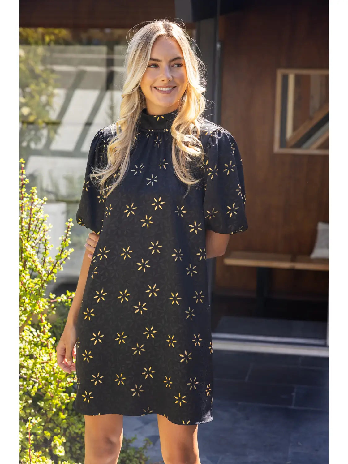 High Neck Tie Back Metallic Floral Print Dress