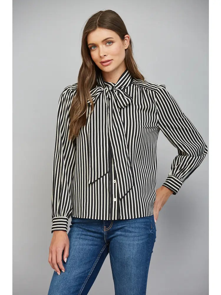 Striped Tie Neck Bow Detail Button Down Blouse