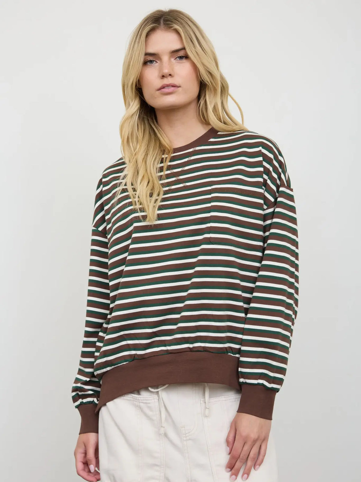 Wide Stripe Crew Neck Pocket Detail Knit Top