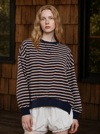 Wide Stripe Crew Neck Pocket Detail Knit Top