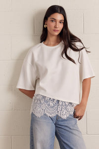 Solid short sleeve knit top featuring scallop lace hem detail.
