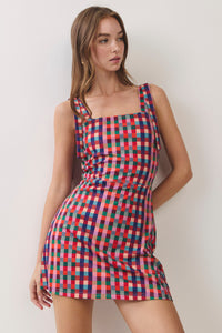 Multi Check Strap Detail Mini Dress