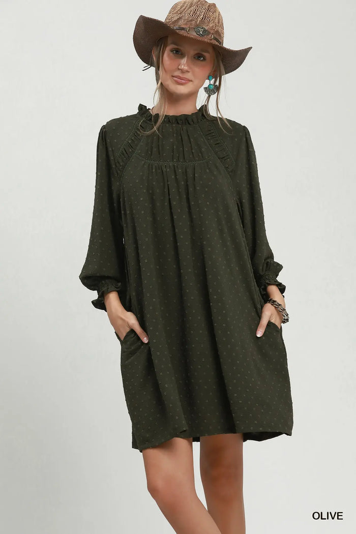 Textured Swiss Dot Ruffle Neck Dress