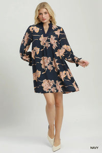 Corduroy Floral V-Neck Shift Dress