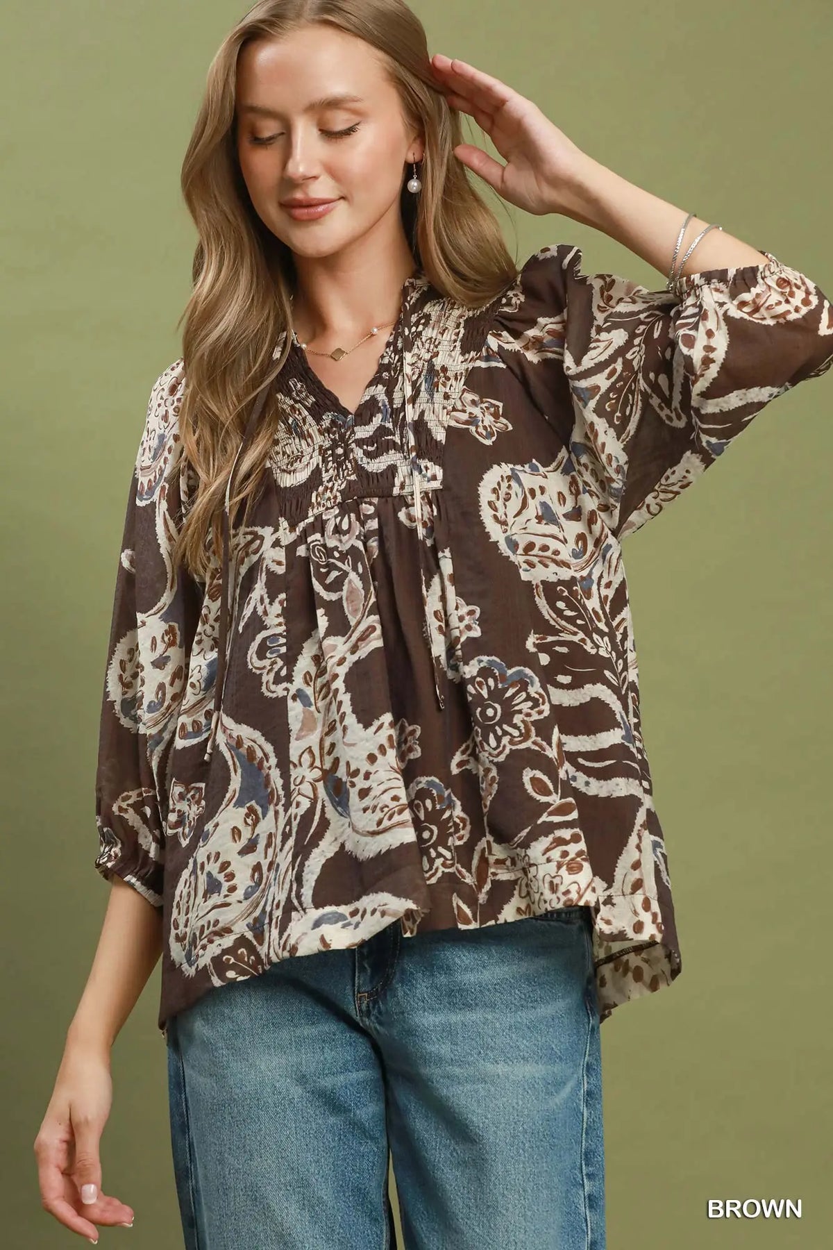 Paisley Print Smocked Neck Flowy Boho Top
