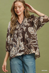 Paisley Print Smocked Neck Flowy Boho Top