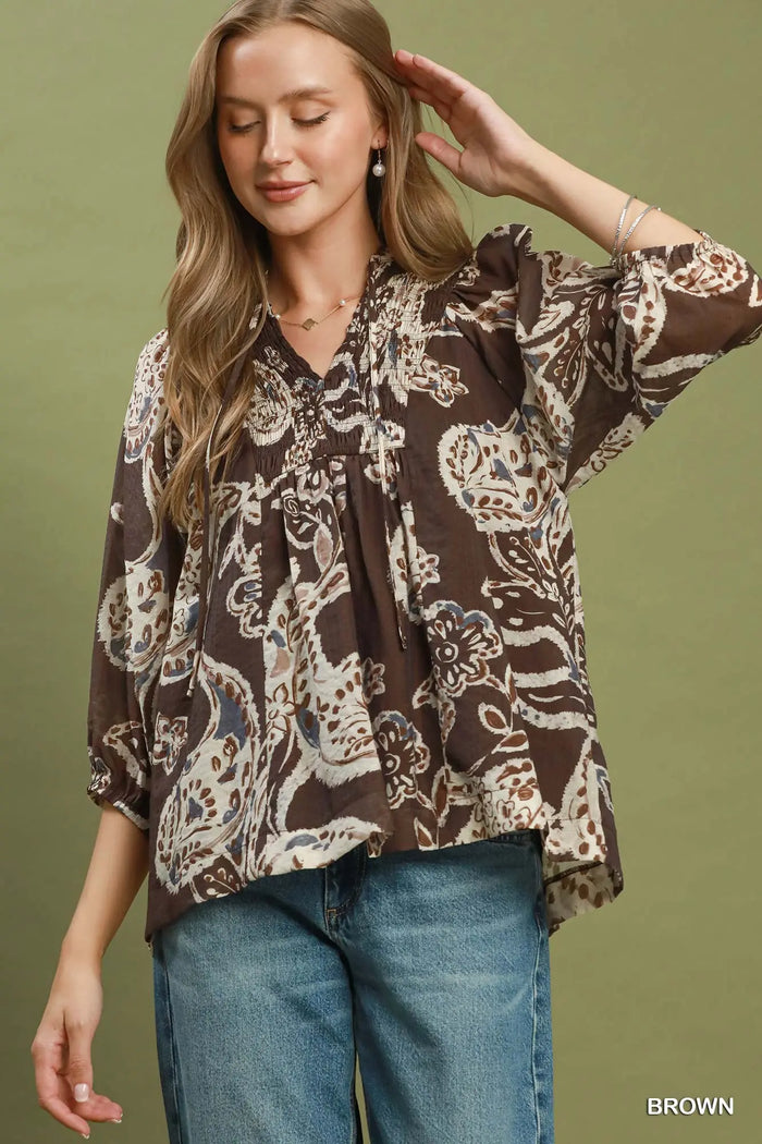 Paisley Print Smocked Neck Flowy Boho Top