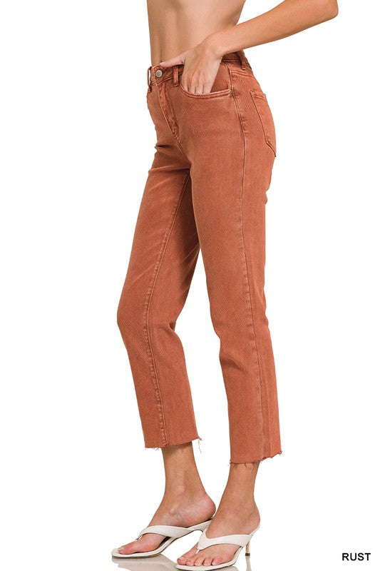 ACID WASHED HIGH WAIST CROPPED STRAIGHT PANTS