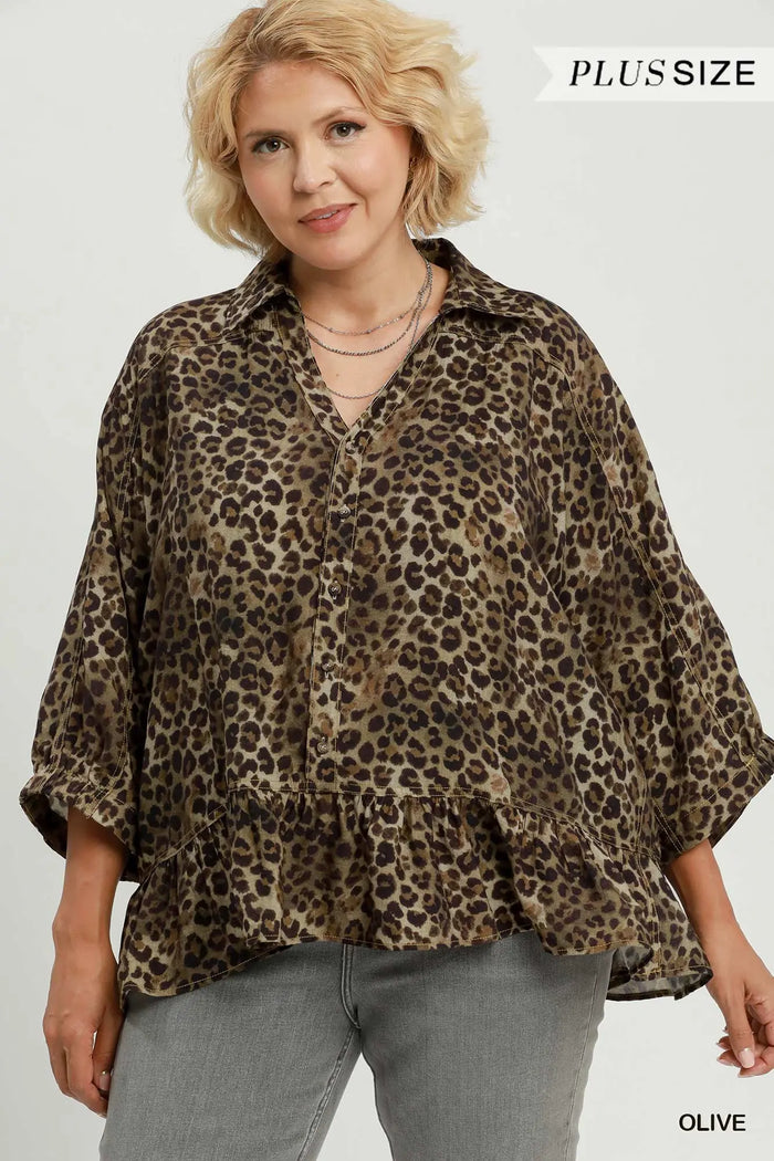 Leopard Print Collared Peplum Button Detail Top