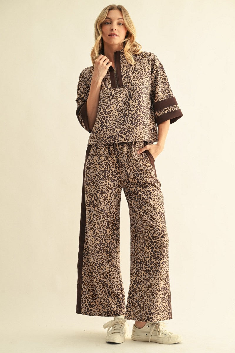 Contrast Detail Faux Suede Leopard Pant Set