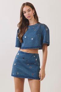 Embellished Denim Puff Sleeve Crop Top