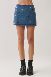 Mirror Embellished Denim Mini Skirt