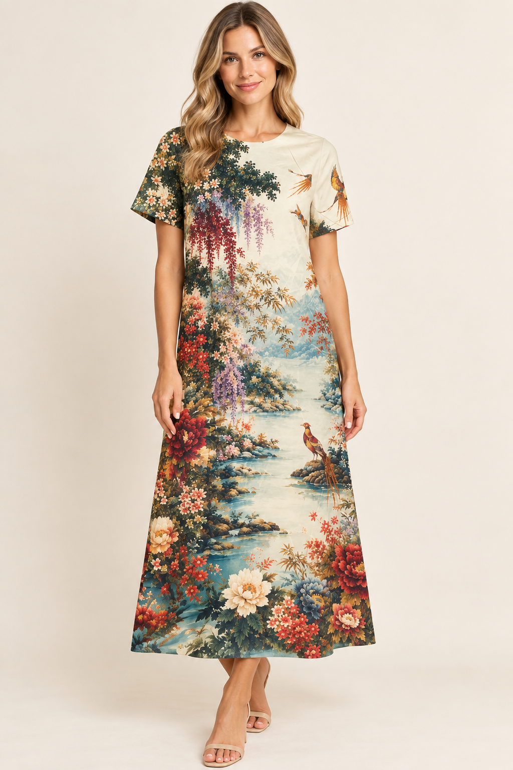 Vintage Floral Landscape Maxi Dress