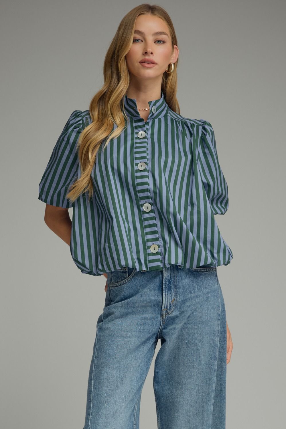 Stripe short puff sleeve top featuring a band neck and button closure at front
