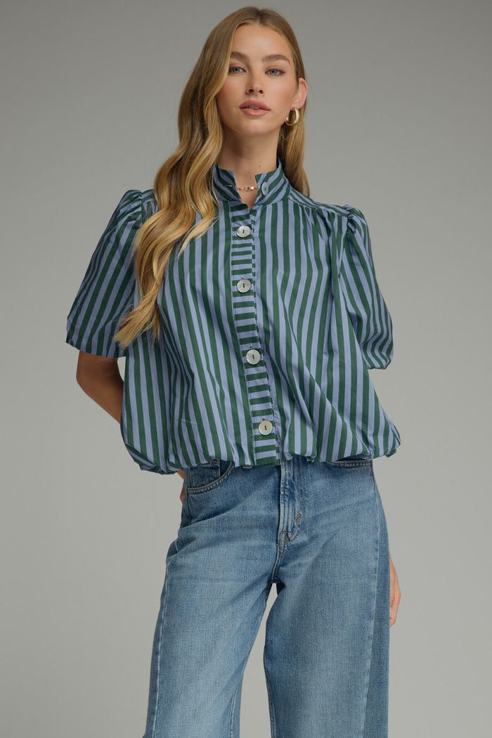 Stripe short puff sleeve top featuring a band neck and button closure at front