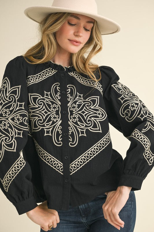 EMBROIDERED MOCK NECK BUTTON UP TOP