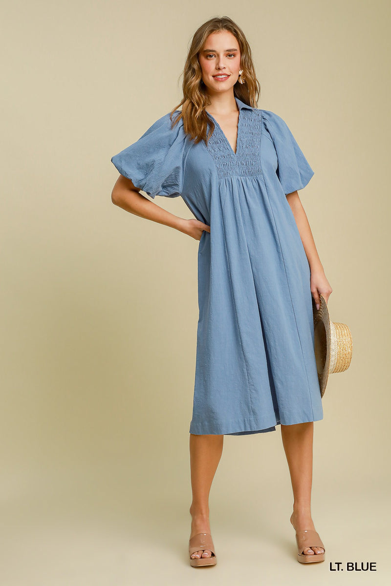 Smocked Front Yoke Midi Dress