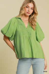 Exaggerated Bubble Sleeve Top with Front Yoke and Smocking Details