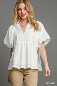 Exaggerated Bubble Sleeve Top with Front Yoke and Smocking Details