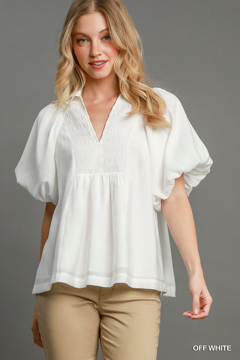 Exaggerated Bubble Sleeve Top with Front Yoke and Smocking Details