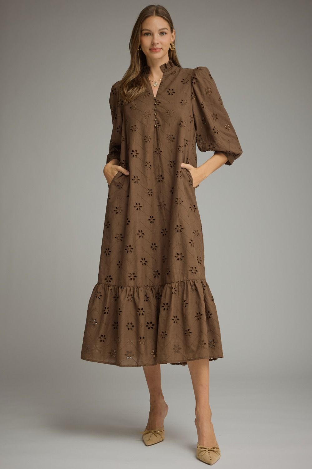 Solid ¾ puff sleeve midi dress with a ruffle stand collar