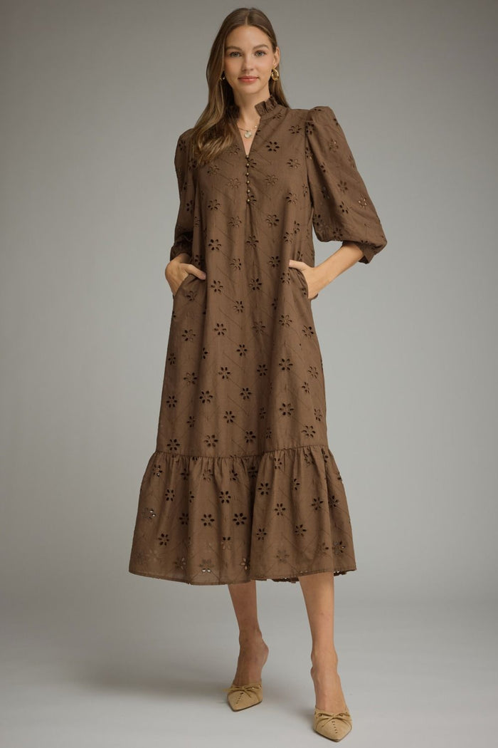 Solid ¾ puff sleeve midi dress with a ruffle stand collar