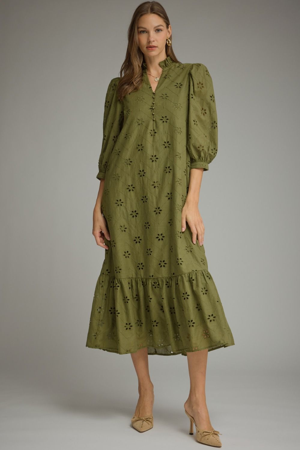 Solid ¾ puff sleeve midi dress with a ruffle stand collar