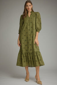 Solid ¾ puff sleeve midi dress with a ruffle stand collar