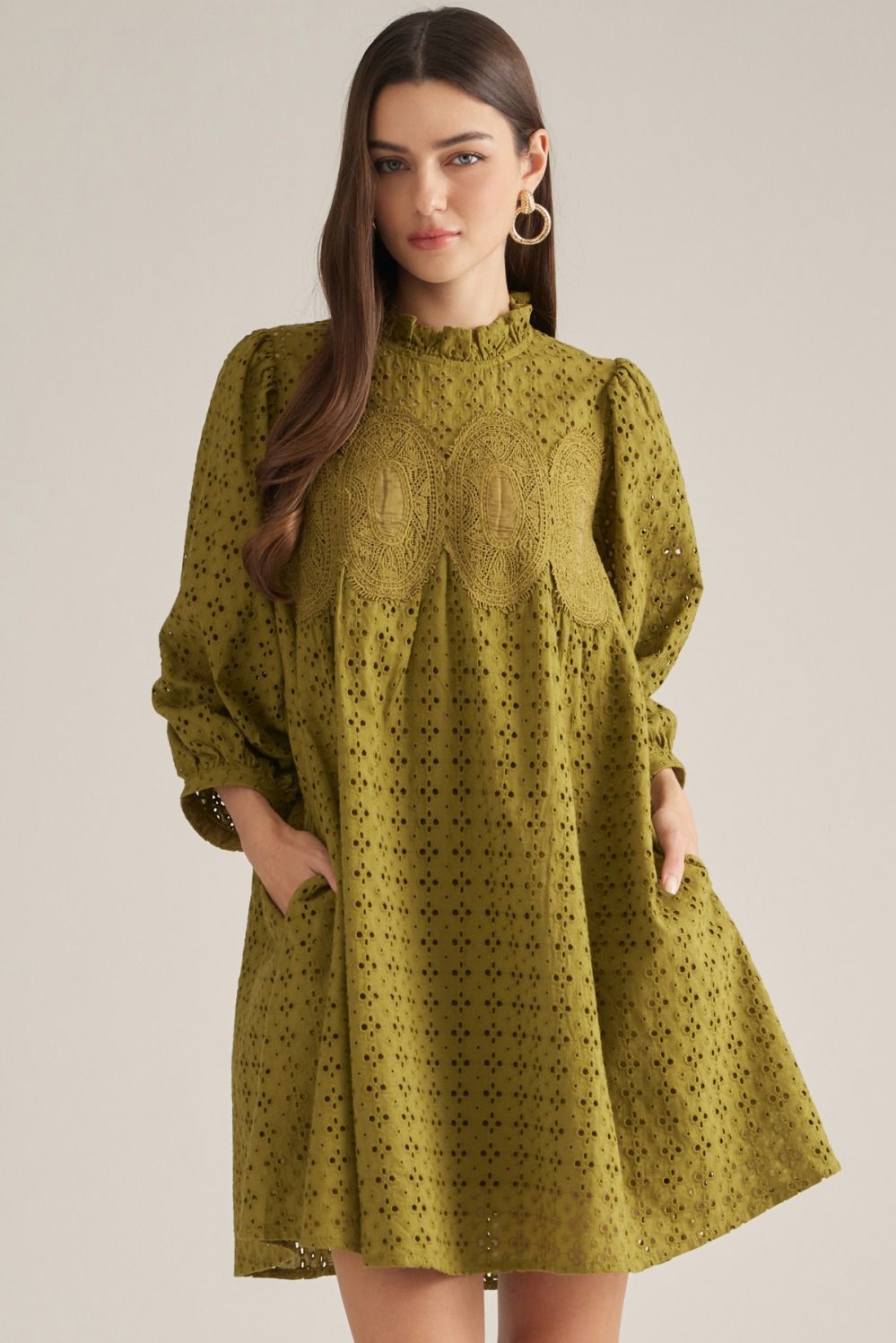 Solid eyelet ¾ puff sleeve mini dress