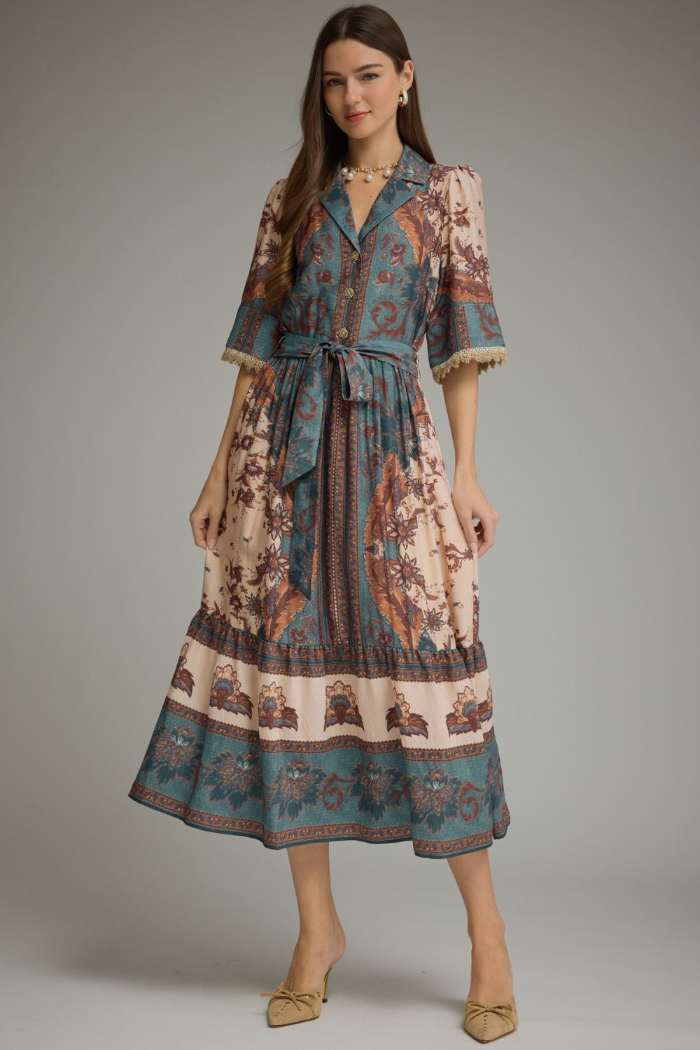 Paisley floral print short puff sleeve midi dress