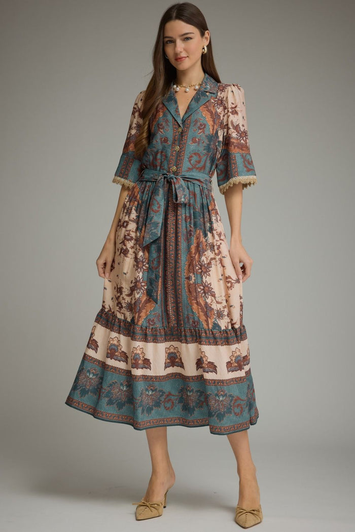 Paisley floral print short puff sleeve midi dress