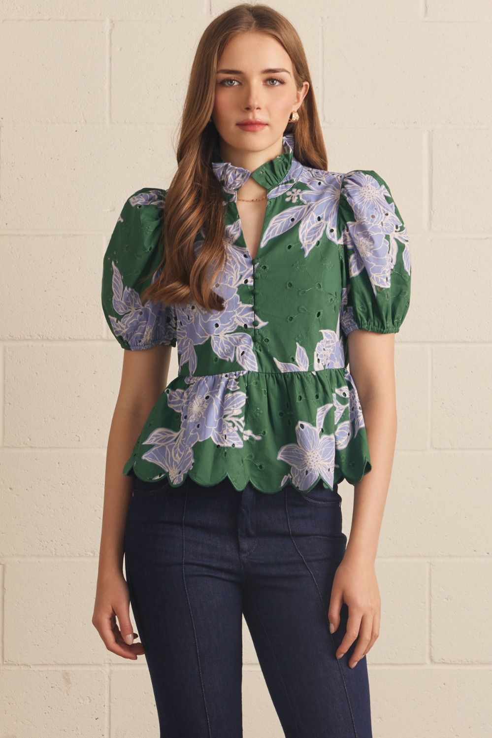 Floral eyelet short puff sleeve top