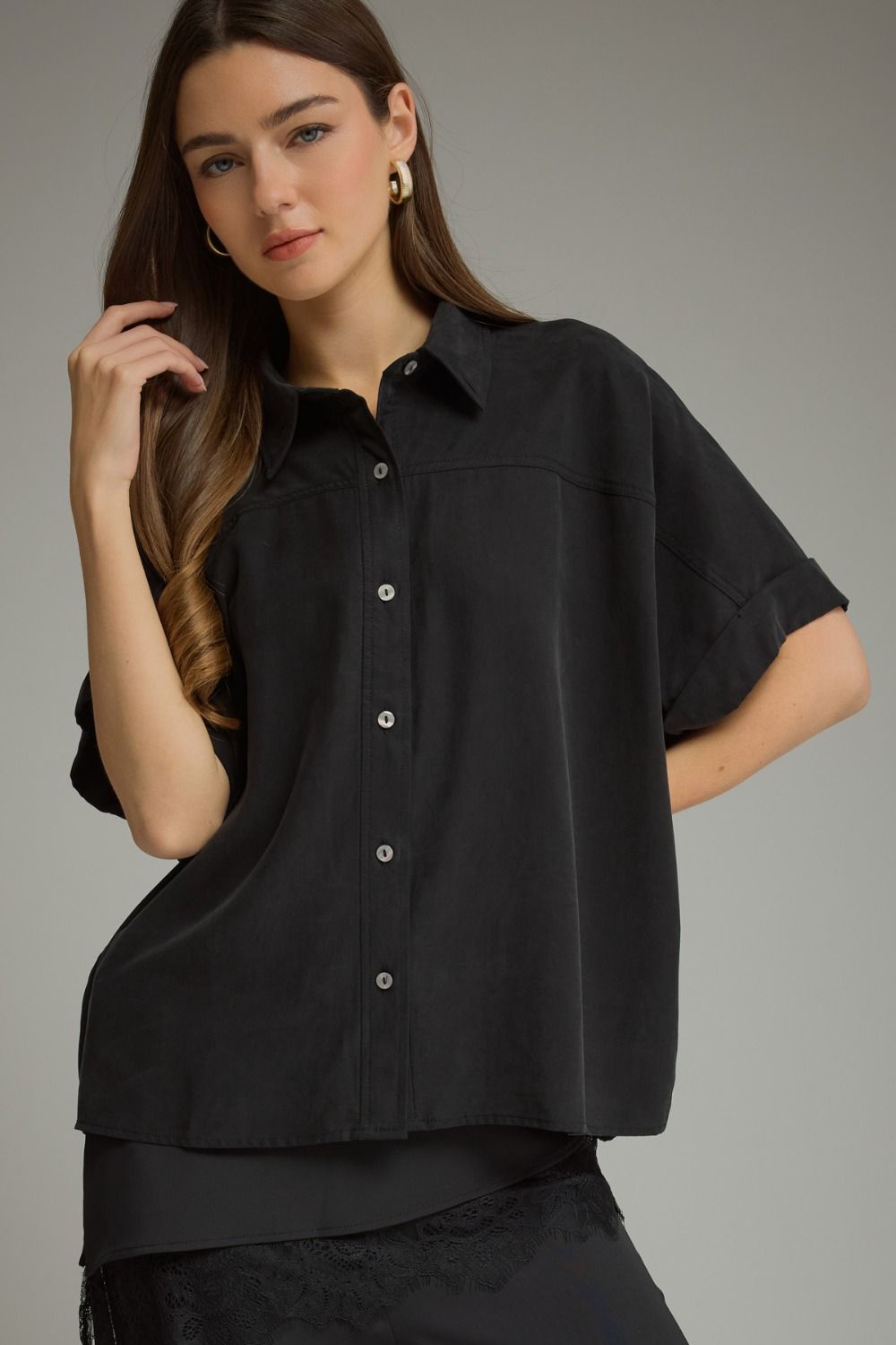 Button Down Crop Solid Top