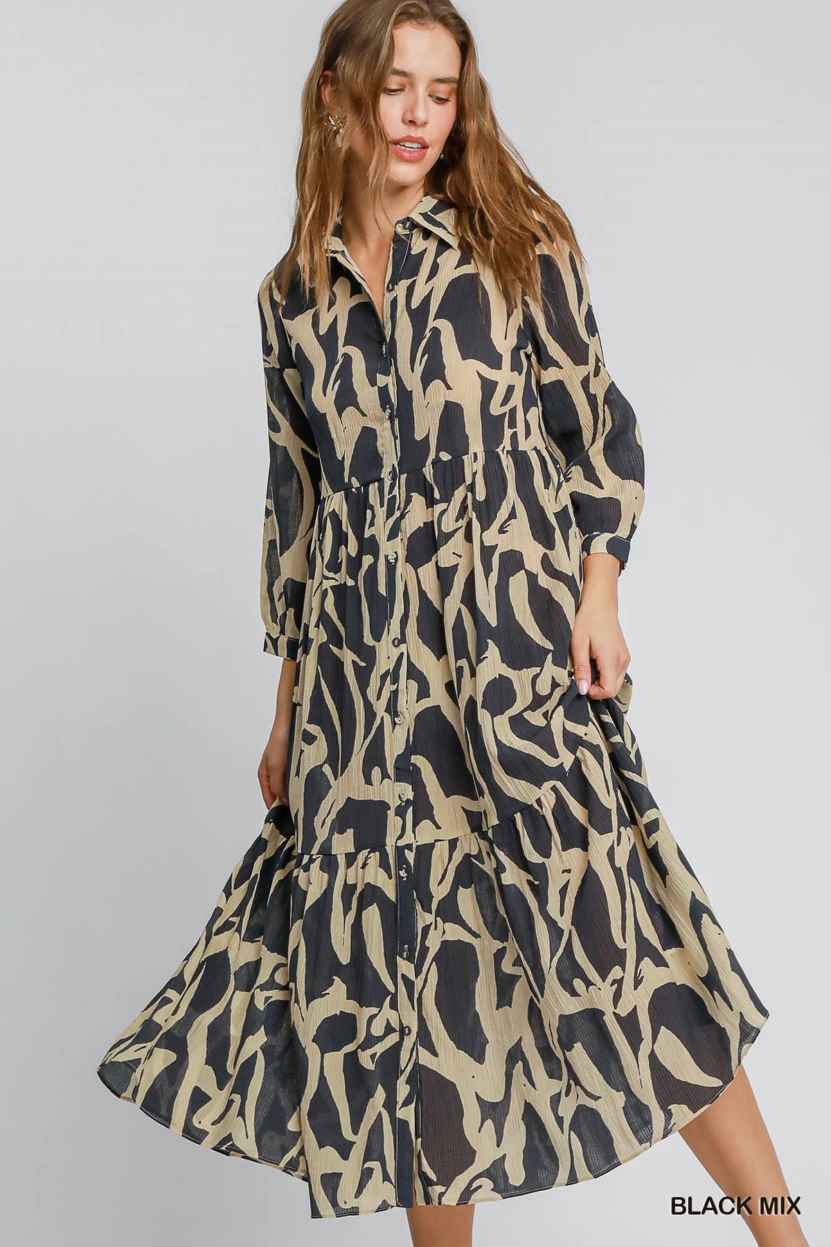 Two Tone Abstract Print Midi Dress