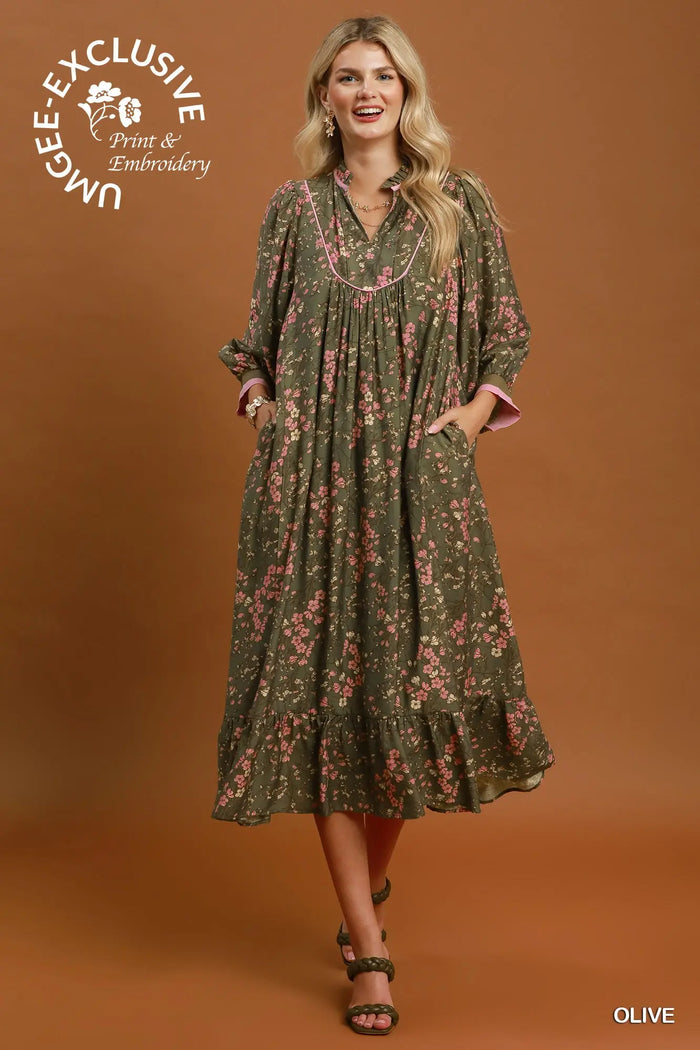 Floral Print Contrast Trim Maxi Dress