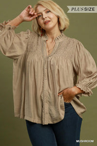Smocked Yoke Button Front Blouse