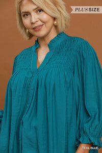 Smocked Yoke Button Front Blouse