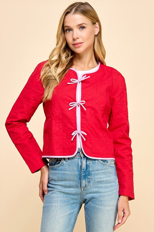 Quilted Long Sleeve Accented Bow Jacket