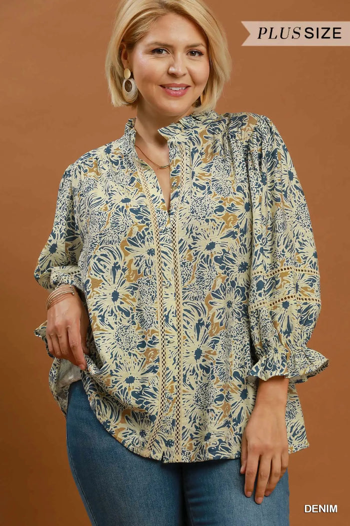 Floral Print Lace Trim Button Front Blouse