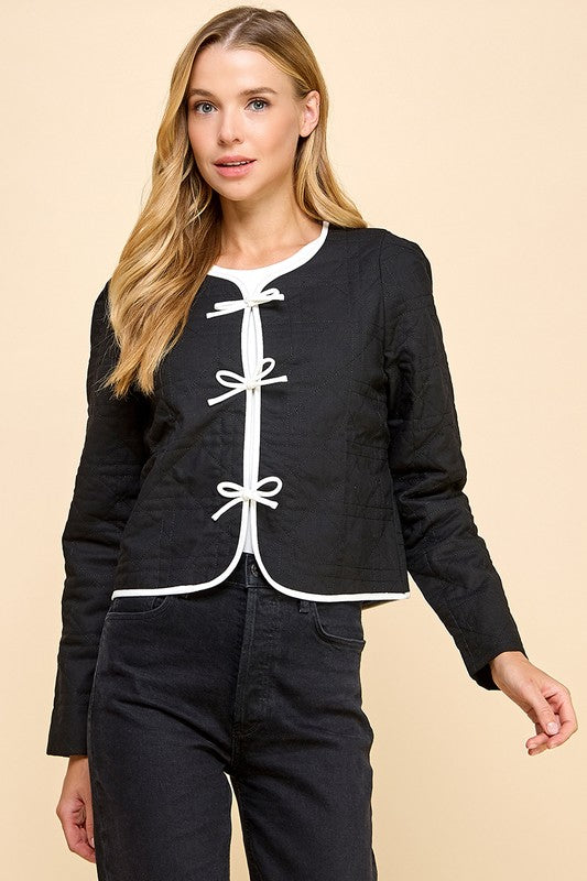 Quilted Long Sleeve Accented Bow Jacket