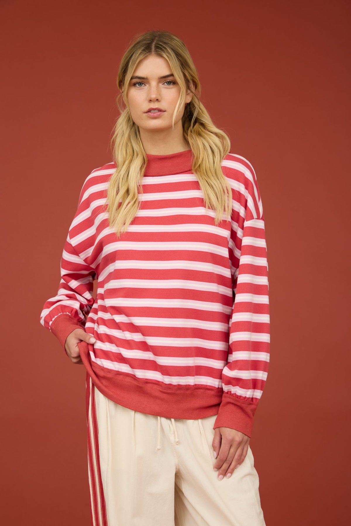 Contrast Wide Neck Long Sleeve Stripe Knit Top